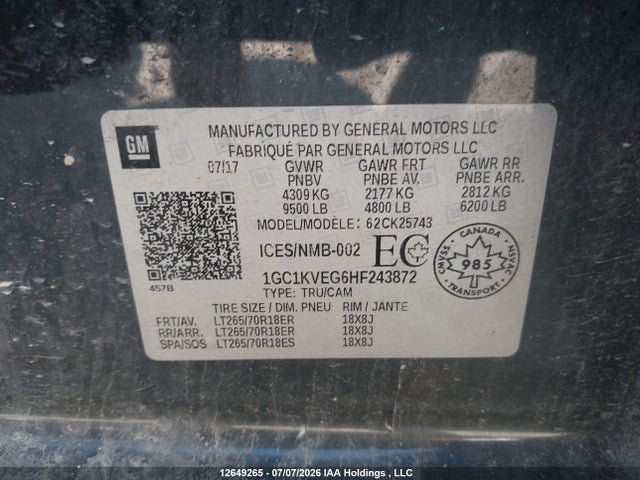 12649265 :رقم المزاد ، 1GC1KVEG6HF243872 vin ، 2017 Chevrolet Silverado 2500hd Lt مزاد بيع
