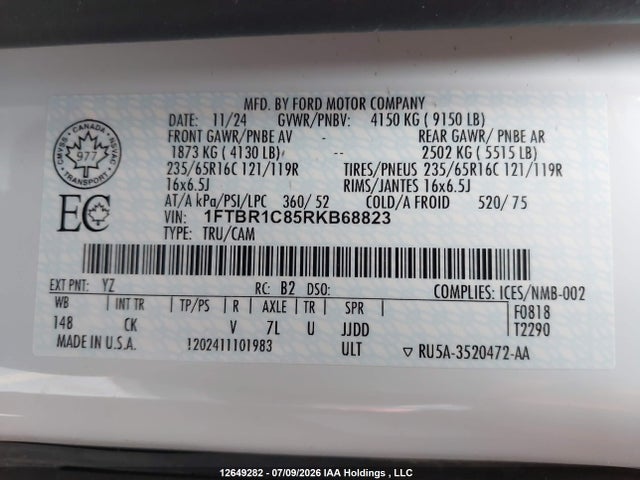 12649282 :رقم المزاد ، 1FTBR1C85RKB68823 vin ، 2024 Ford Transit T-250 مزاد بيع