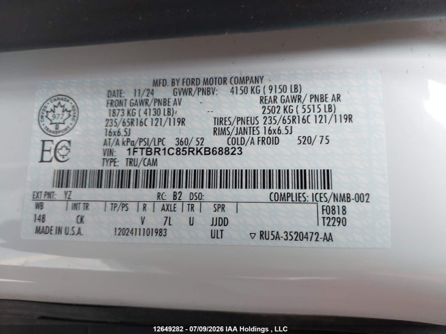 12649282 :رقم المزاد ، 1FTBR1C85RKB68823 vin ، 2024 Ford Transit T-250 مزاد بيع