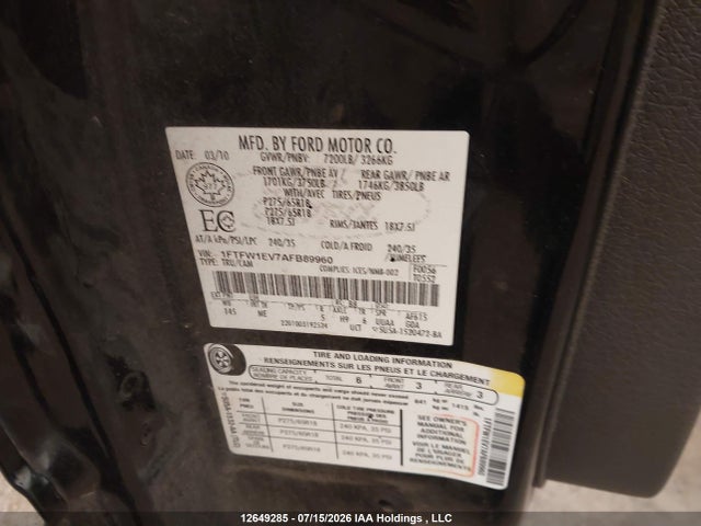Aukcja sprzedaży 2010 Ford F-150 Fx4/harley-davidson/king Ranch/lariat/platinum/xlt, vin: 1FTFW1EV7AFB89960, numer aukcji: 12649285