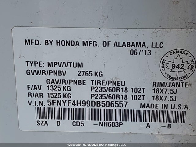 2013 Honda Pilot Touring მანქანა იყიდება აუქციონზე, vin: 5FNYF4H99DB506557, აუქციონის ნომერი: 12649289