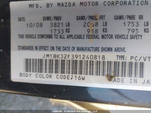 12649290 :رقم المزاد ، JM1BK32F391240818 vin ، 2009 Mazda 3 I مزاد بيع