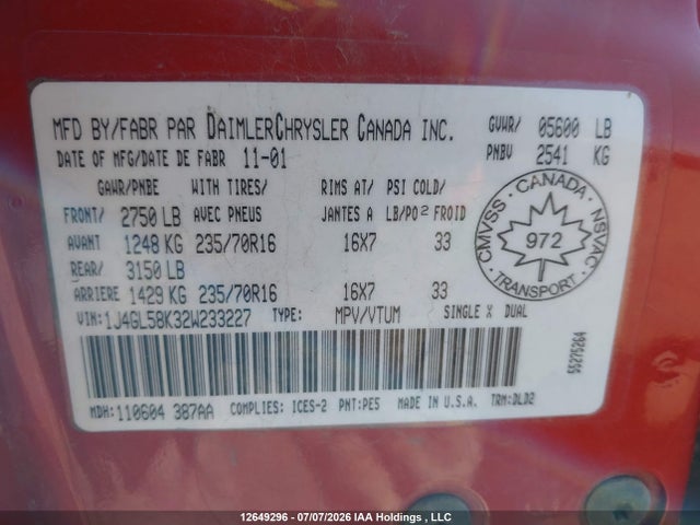 12649296 :رقم المزاد ، 1J4GL58K32W233227 vin ، 2002 Jeep Liberty Limited مزاد بيع