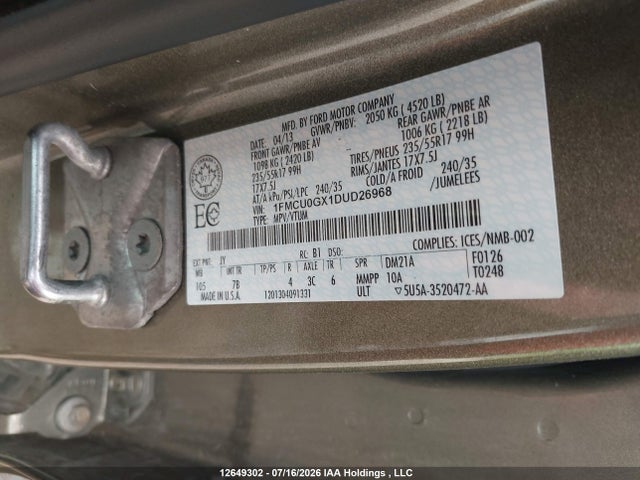 12649302 :رقم المزاد ، 1FMCU0GX1DUD26968 vin ، 2013 Ford Escape Se مزاد بيع