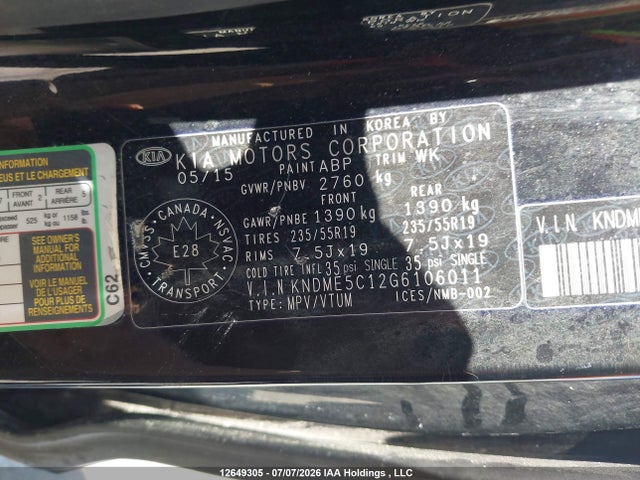 12649305 :رقم المزاد ، KNDME5C12G6106011 vin ، 2016 Kia Sedona Sxl مزاد بيع