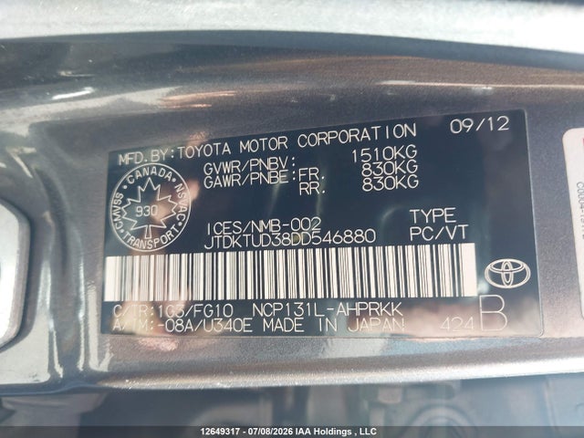 12649317 :رقم المزاد ، JTDKTUD38DD546880 vin ، 2013 Toyota Yaris Le مزاد بيع