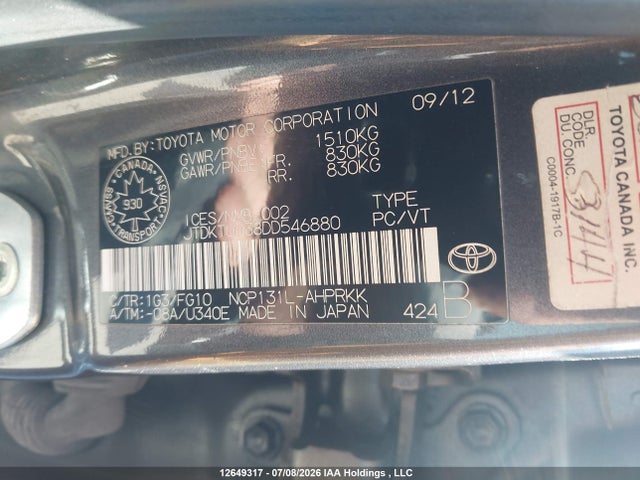 12649317 :رقم المزاد ، JTDKTUD38DD546880 vin ، 2013 Toyota Yaris Le مزاد بيع