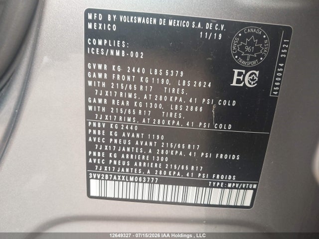 Aukcja sprzedaży 2020 Volkswagen Tiguan Se/sel, vin: 3VV2B7AXXLM063777, numer aukcji: 12649327