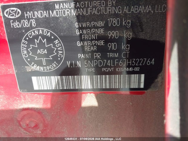 12649331 :رقم المزاد ، 5NPD74LF6JH322764 vin ، 2018 Hyundai Elantra Se مزاد بيع