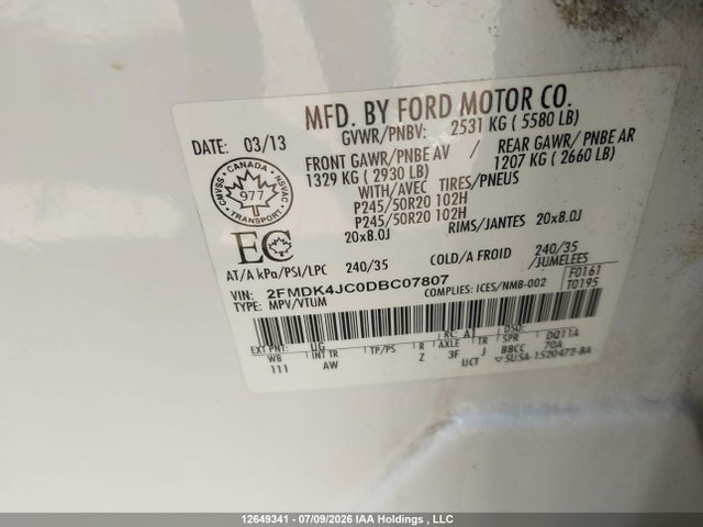 Продаж на аукціоні авто 2013 Ford Edge Sel, vin: 2FMDK4JC0DBC07807, номер лоту: 12649341