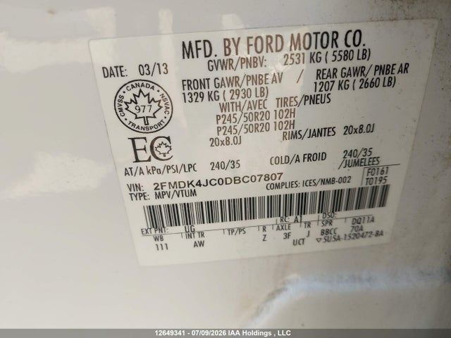 Продаж на аукціоні авто 2013 Ford Edge Sel, vin: 2FMDK4JC0DBC07807, номер лоту: 12649341