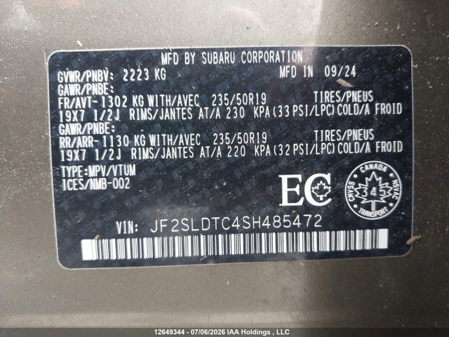 2025 Subaru Forester Touring მანქანა იყიდება აუქციონზე, vin: JF2SLDTC4SH485472, აუქციონის ნომერი: 12649344