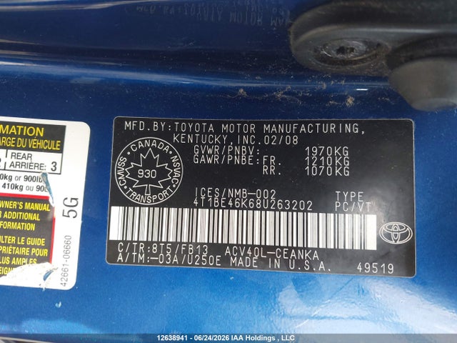 2008 Toyota Camry Le მანქანა იყიდება აუქციონზე, vin: 4T1BE46K68U263202, აუქციონის ნომერი: 12638941
