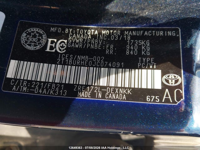 Toyota COROLLA LE 2018 2T1BURHE0JC074091 Image 18