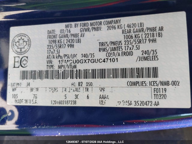 Ford ESCAPE SE 2016 1FMCU0GX7GUC47101 Image 19