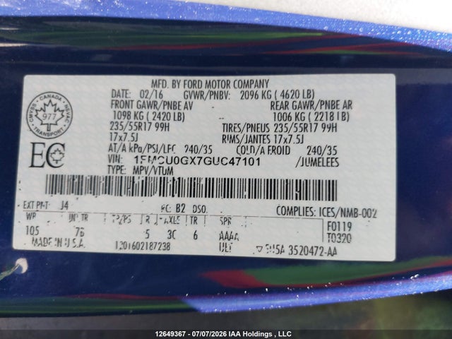 Ford ESCAPE SE 2016 1FMCU0GX7GUC47101 Image 9