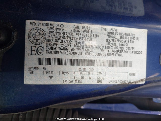 12649370 :رقم المزاد ، 1FAHP3F29CL438209 vin ، 2012 Ford Focus Se مزاد بيع