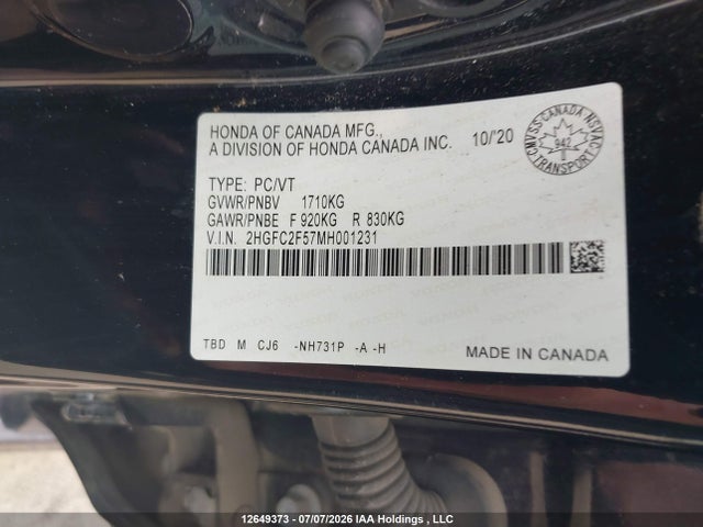 Honda Civic Lx 2021 2HGFC2F57MH001231 Image 9