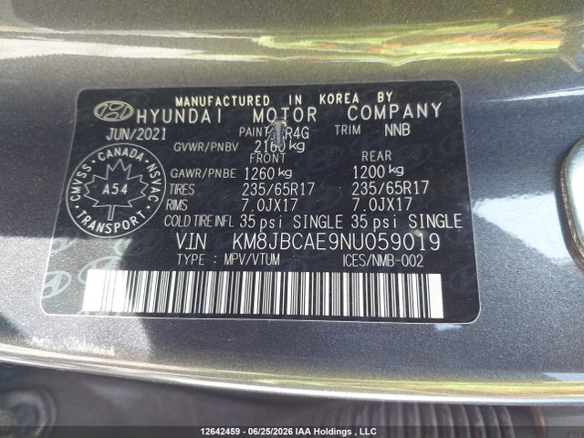 Продаж на аукціоні авто 2022 Hyundai Tucson Preferred Awd, vin: KM8JBCAE9NU059019, номер лоту: 12642459