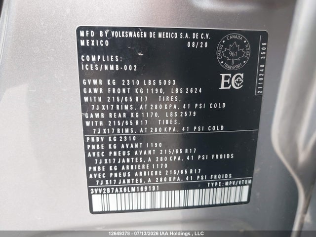 Продаж на аукціоні авто 2020 Volkswagen Tiguan Comfortline/iq Drive, vin: 3VV2B7AX6LM169191, номер лоту: 12649378