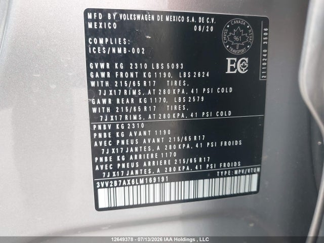 Продаж на аукціоні авто 2020 Volkswagen Tiguan Comfortline/iq Drive, vin: 3VV2B7AX6LM169191, номер лоту: 12649378