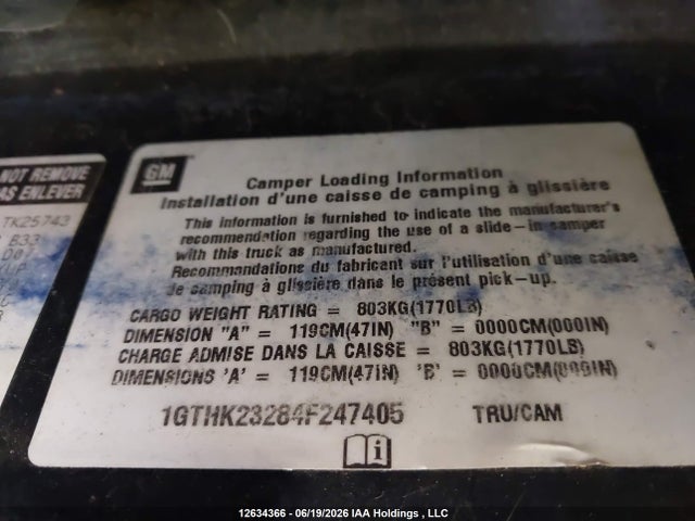 Aukcja sprzedaży 2004 Gmc Sierra 2500hd Sl/sle/slt, vin: 1GTHK23284F247405, numer aukcji: 12634366