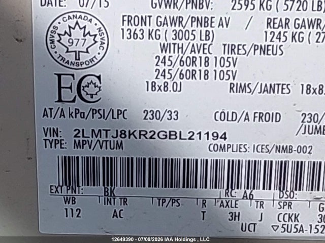 2LMTJ8KR2GBL21194 Lincoln Mkx Select