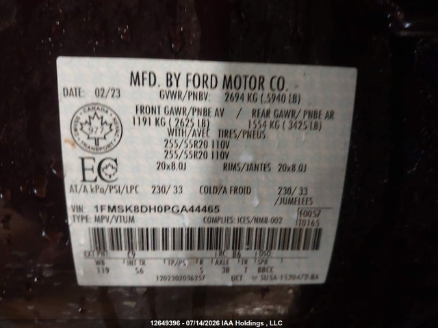 12649396 :رقم المزاد ، 1FMSK8DH0PGA44465 vin ، 2023 Ford Explorer Xlt مزاد بيع