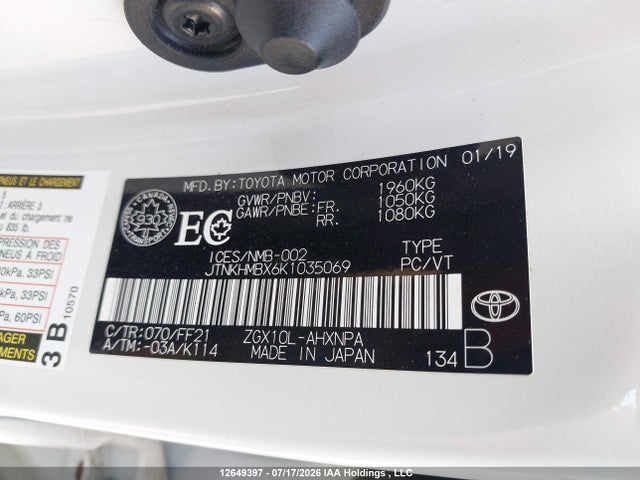 Продажа на аукционе авто 2019 Toyota C-hr Xle/le/limited, vin: JTNKHMBX6K1035069, номер лота: 12649397