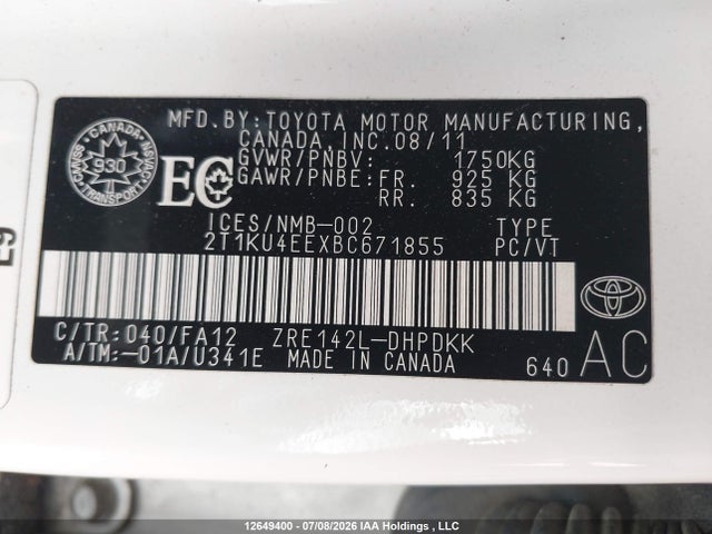 2011 Toyota Matrix მანქანა იყიდება აუქციონზე, vin: 2T1KU4EEXBC671855, აუქციონის ნომერი: 12649400