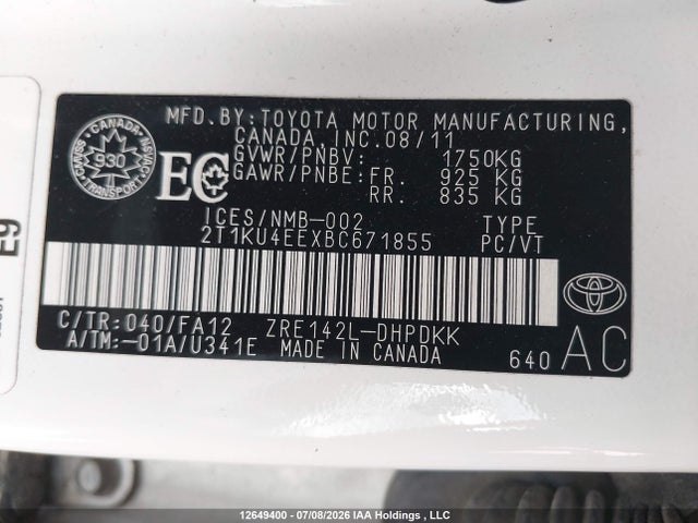 2011 Toyota Matrix მანქანა იყიდება აუქციონზე, vin: 2T1KU4EEXBC671855, აუქციონის ნომერი: 12649400