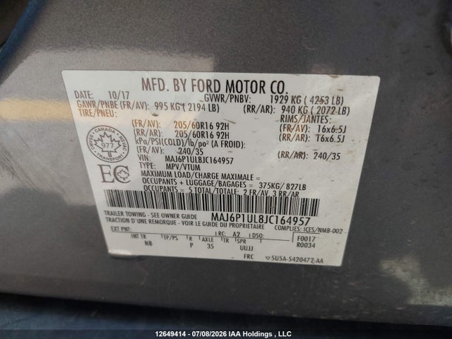 Aukcja sprzedaży 2018 Ford Ecosport Se, vin: MAJ6P1UL8JC164957, numer aukcji: 12649414