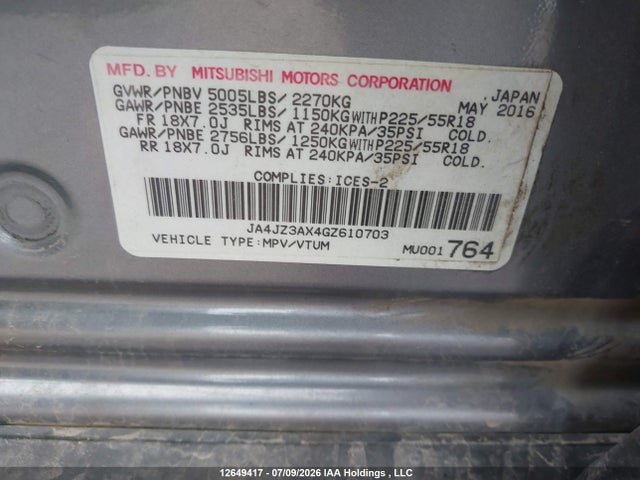 Продаж на аукціоні авто 2016 Mitsubishi Outlander Se, vin: JA4JZ3AX4GZ610703, номер лоту: 12649417