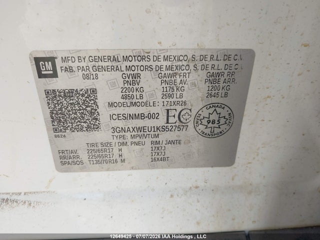 12649425 :رقم المزاد ، 3GNAXWEU1KS527577 vin ، 2019 Chevrolet Equinox Lt مزاد بيع