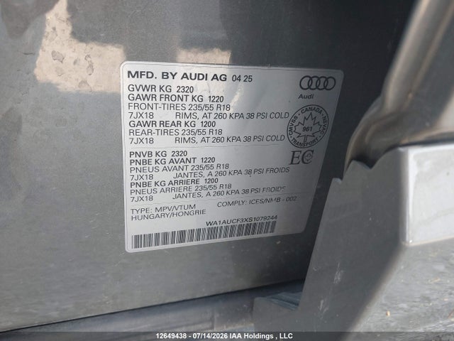 2025 Audi Q3 Premium 40 მანქანა იყიდება აუქციონზე, vin: WA1AUCF3XS1079244, აუქციონის ნომერი: 12649438