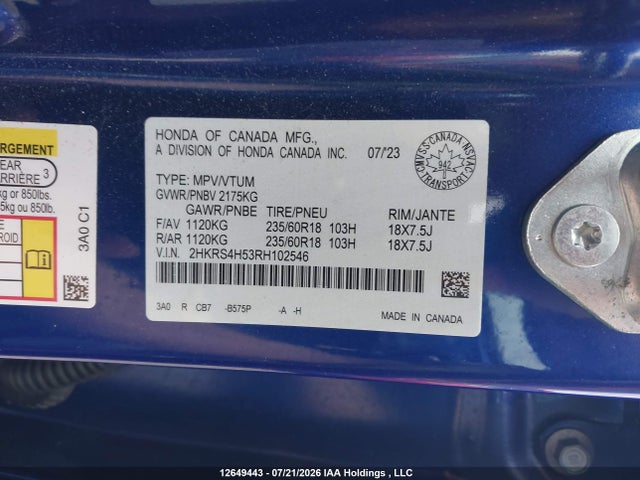 Продажа на аукционе авто 2024 Honda Cr-v Sport, vin: 2HKRS4H53RH102546, номер лота: 12649443