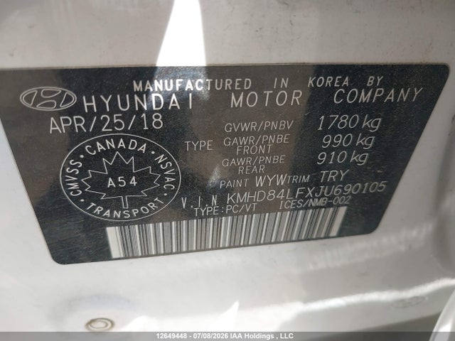 12649448 :رقم المزاد ، KMHD84LFXJU690105 vin ، 2018 Hyundai Elantra Gl مزاد بيع