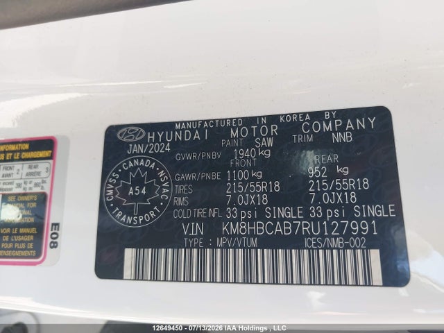 12649450 :رقم المزاد ، KM8HBCAB7RU127991 vin ، 2024 Hyundai Kona Sel مزاد بيع