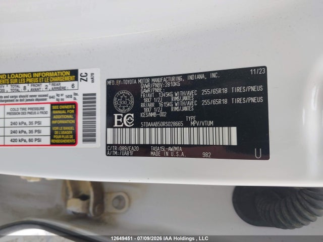 5TDAAAB50RS028665 Toyota Grand Highlander Xle/limited/platinum