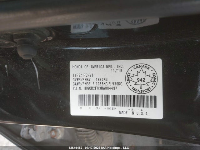 Продаж на аукціоні авто 2017 Honda Accord Ex, vin: 1HGCR2F03HA804497, номер лоту: 12649452