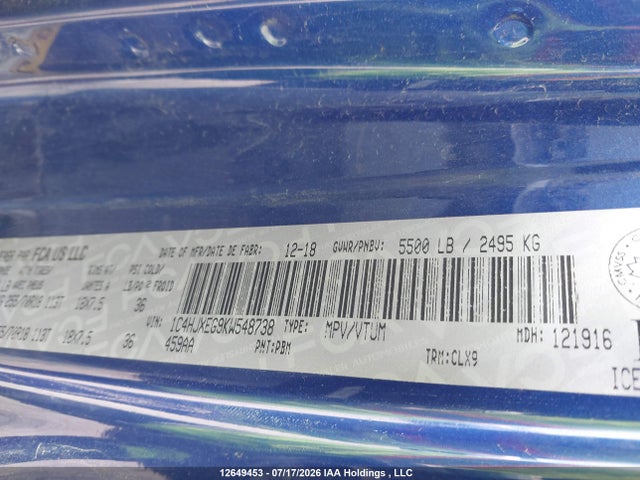 2019 Jeep Wrangler Unlimited Sahara მანქანა იყიდება აუქციონზე, vin: 1C4HJXEG9KW548738, აუქციონის ნომერი: 12649453
