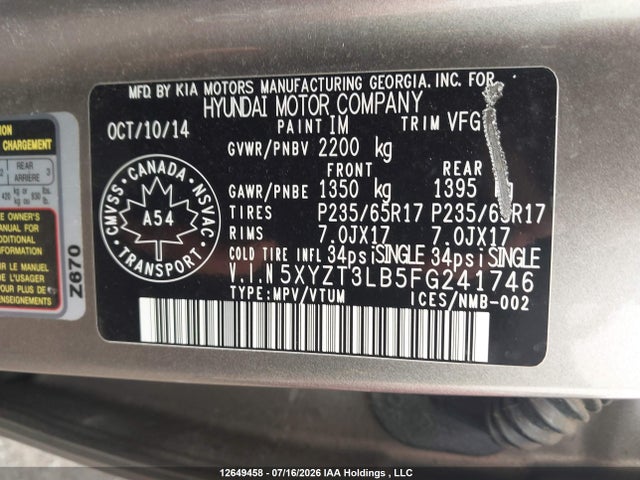 Aukcja sprzedaży 2015 Hyundai Santa Fe Sport 2.4 Base, vin: 5XYZT3LB5FG241746, numer aukcji: 12649458