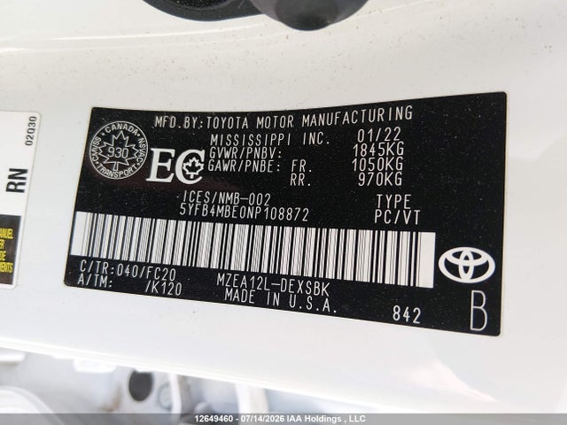 Toyota COROLLA SE 2022 5YFB4MBE0NP108872 Image 9