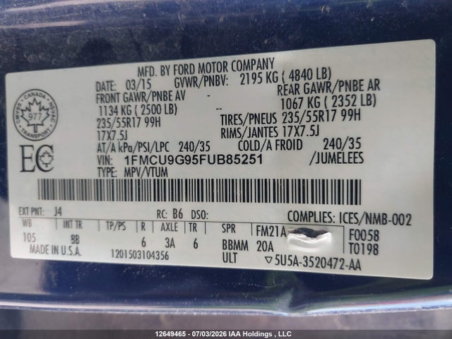 Ford ESCAPE SE 2015 1FMCU9G95FUB85251 Image 9