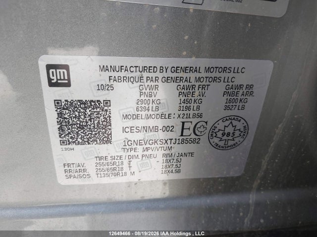 2026 Chevrolet Traverse Lt მანქანა იყიდება აუქციონზე, vin: 1GNEVGKSXTJ185582, აუქციონის ნომერი: 12649466