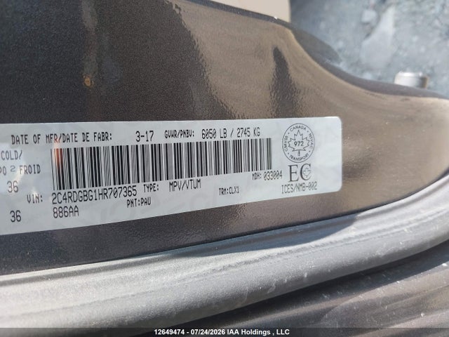 2017 Dodge Grand Caravan Cvp/sxt მანქანა იყიდება აუქციონზე, vin: 2C4RDGBG1HR707365, აუქციონის ნომერი: 12649474