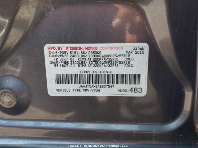 Aukcja sprzedaży 2010 Mitsubishi Outlander Gt, vin: JA4JT5AX6AZ607547, numer aukcji: 12649475