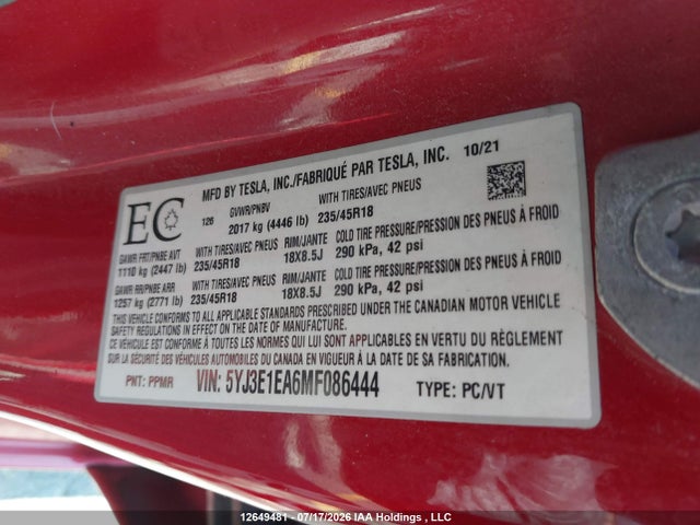 Auction sale of the 2021 Tesla Model 3, vin: 5YJ3E1EA6MF086444, lot number: 12649481