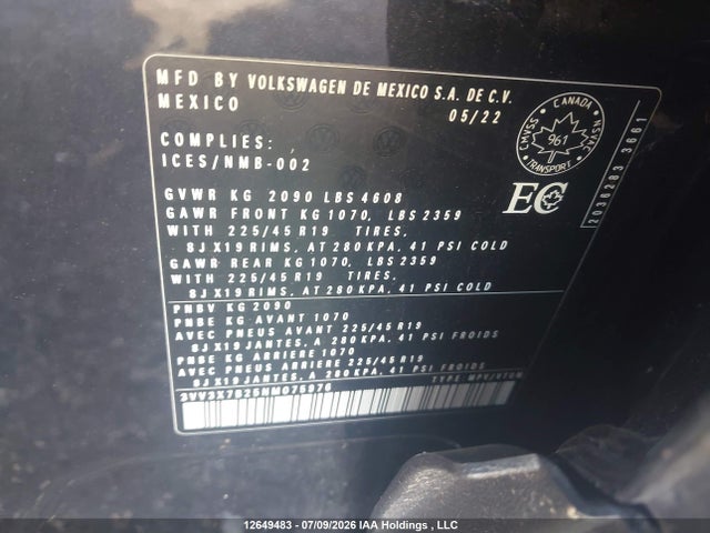 Aukcja sprzedaży 2022 Volkswagen Taos Highline, vin: 3VV3X7B25NM075976, numer aukcji: 12649483