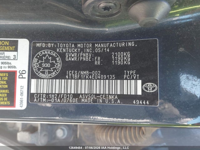 2014 Toyota Camry L/se/le/xle მანქანა იყიდება აუქციონზე, vin: 4T1BF1FK4EU409135, აუქციონის ნომერი: 12649484